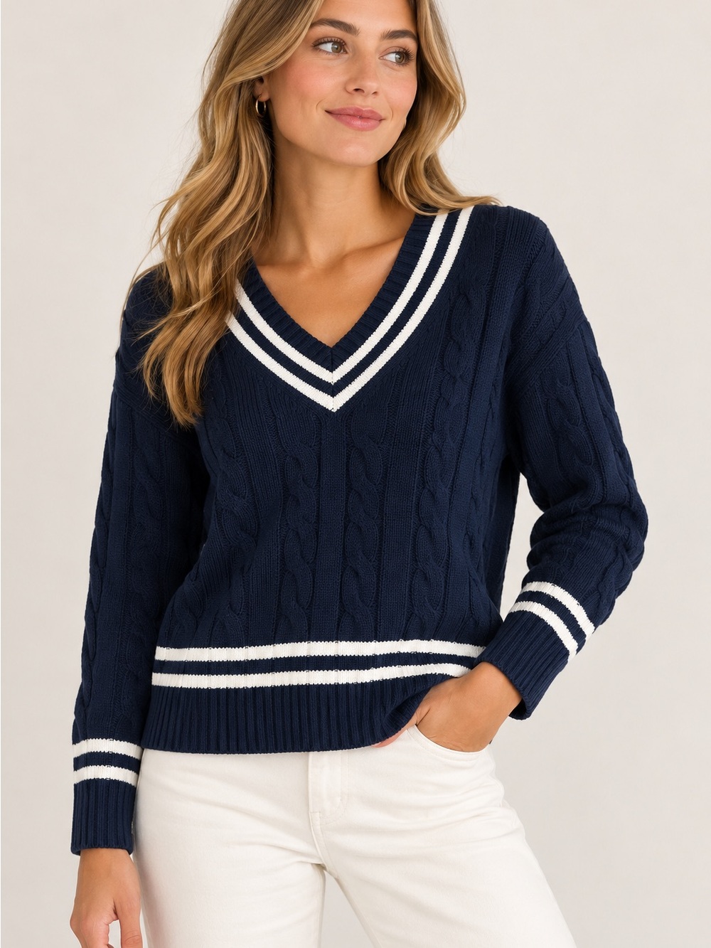 Walter Hagen Clubhouse Navy Cable Knit V-Neck Sweater Size M